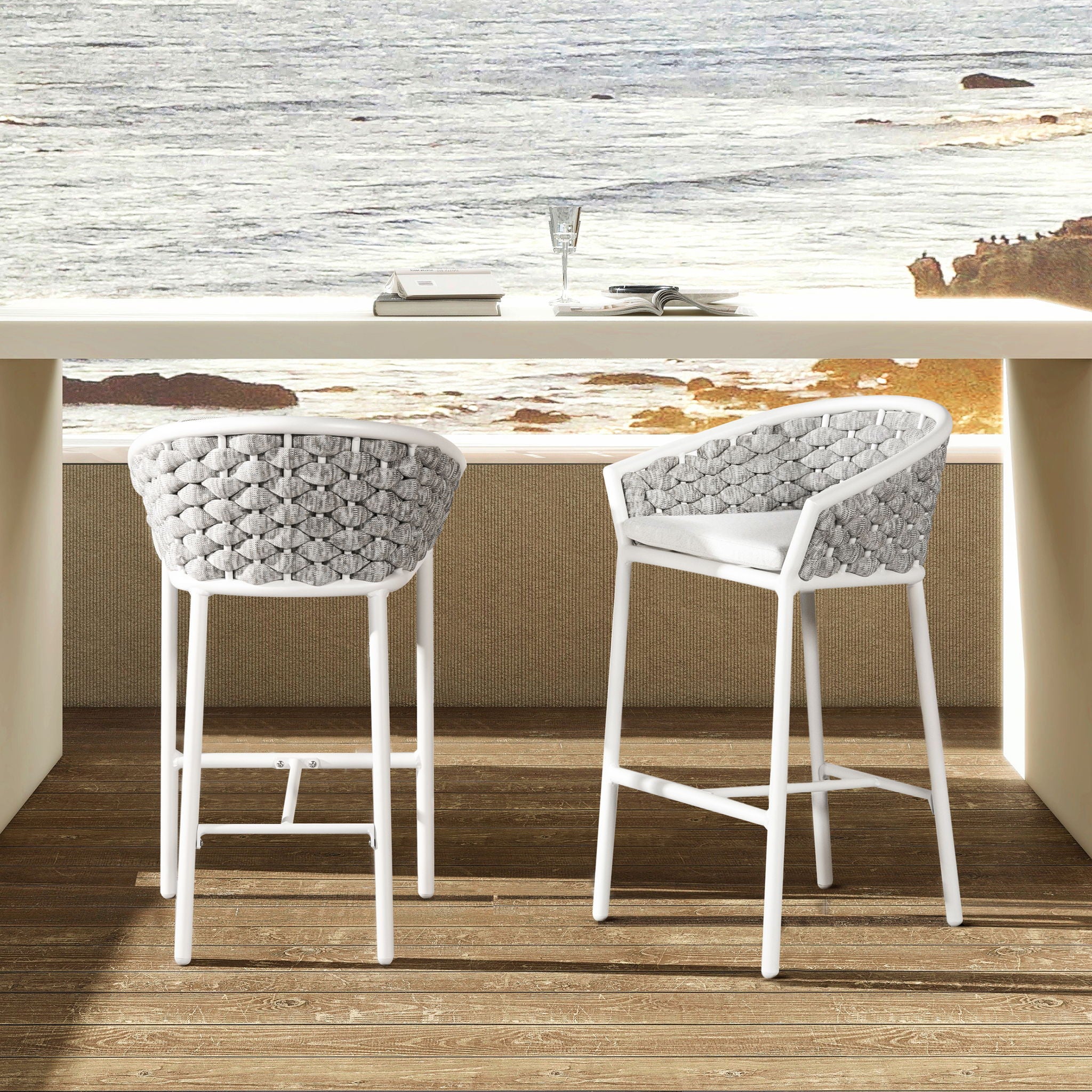 Rowan - Rope Barrel Low Back Patio Counter Stool (Set of 2) - White