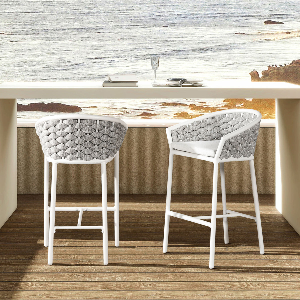 Rowan - Rope Barrel Low Back Patio Counter Stool (Set of 2) - White
