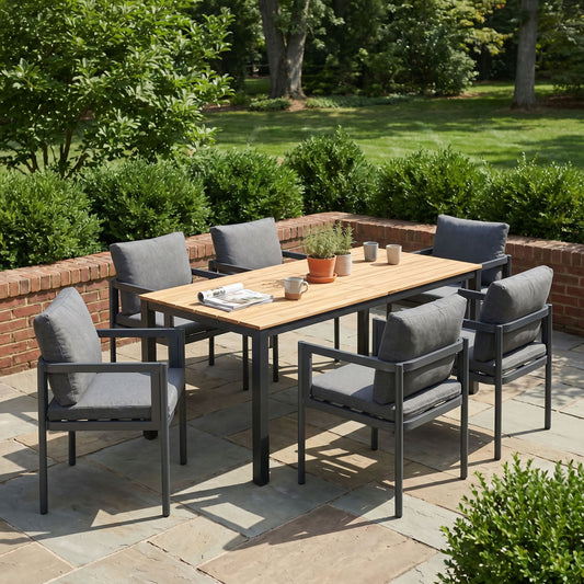 7 Piece Outdoor Dining Set With Table And 6 Chairs - Black / Gray / Teak