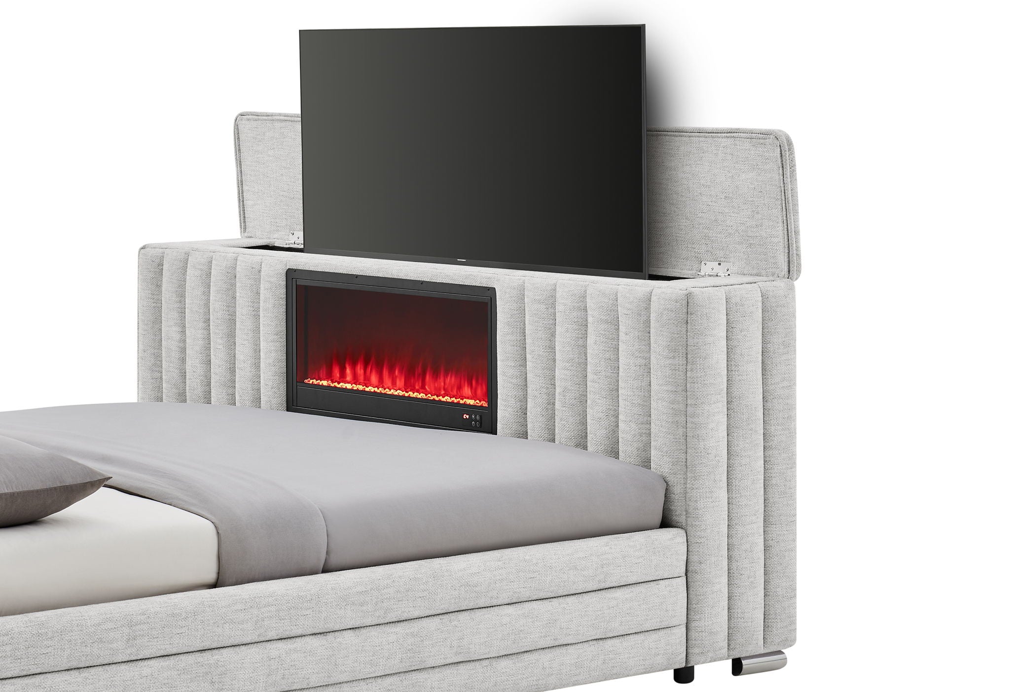 Elias - Queen Bed With Immersive Sound Speaker, LED, TV Lift, And Fireplace - Gray