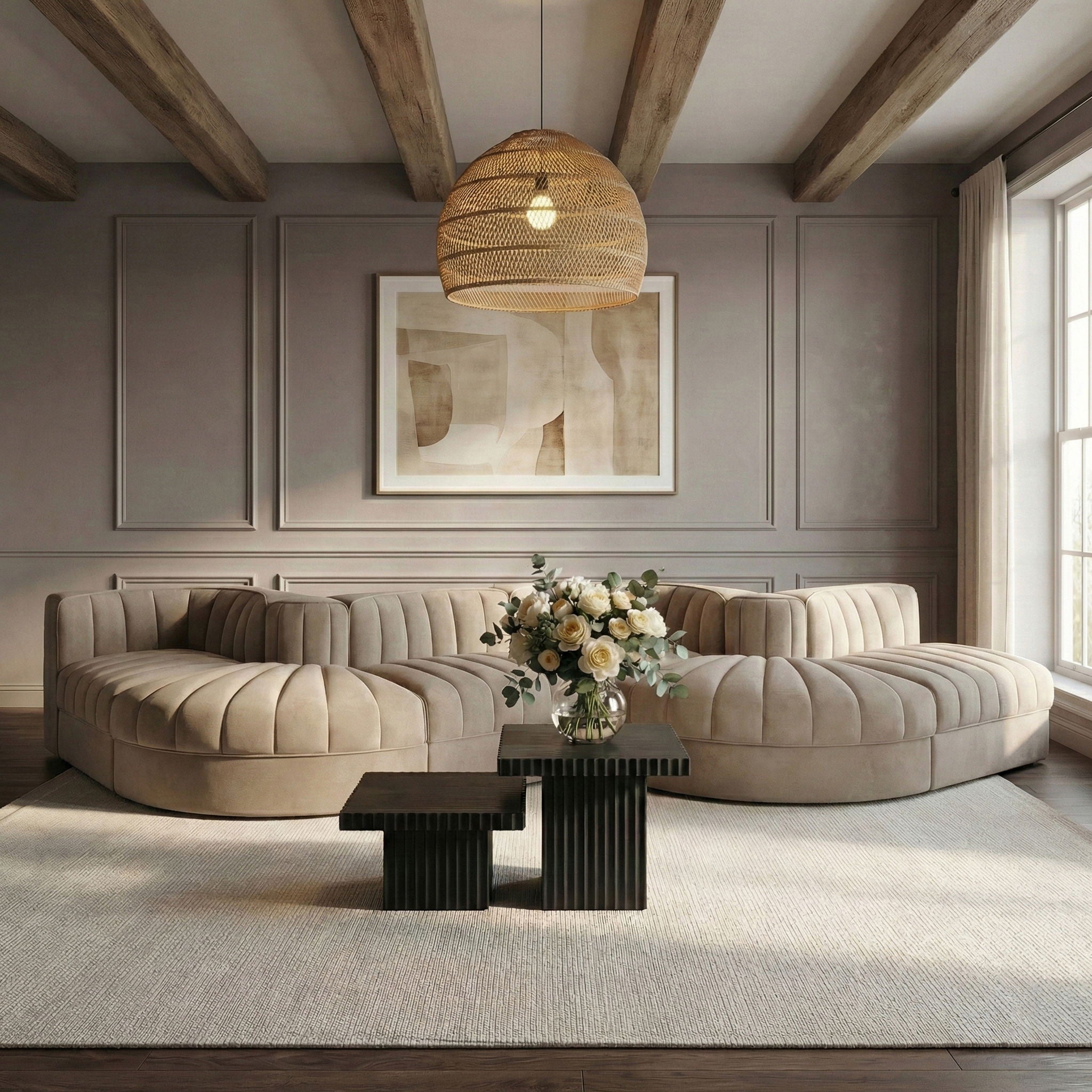 Rummi - Rounded Velvet Performance Fabric Upholstered 6 Piece Modular Sectional