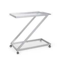 Modern Z Shaped Bar Cart With Tempered Glass Shelves - Silver