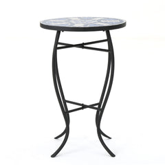 Outdoor Round Side Table With Mosaic Style Top And Curved Iron Legs - Blue / Matte Black