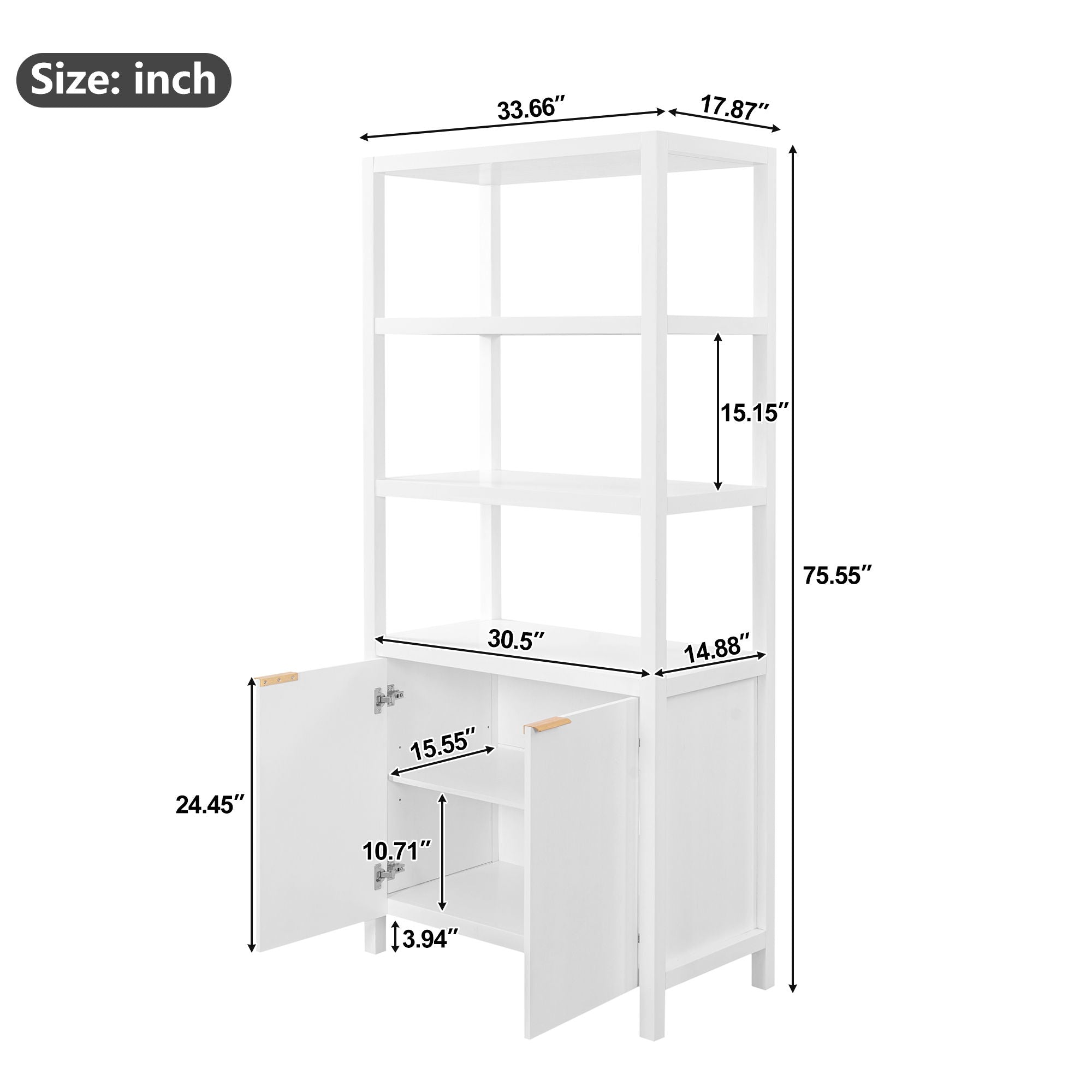 Modern Tall Storage Bookcase Cabinet With 2 Open Shelves & Double Doors