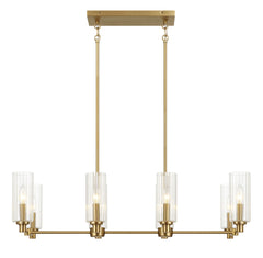 Willow - 8 Lights Island With Clear Ribbed Pendant Lamp Satin - Antique Brass / Clear / Gold