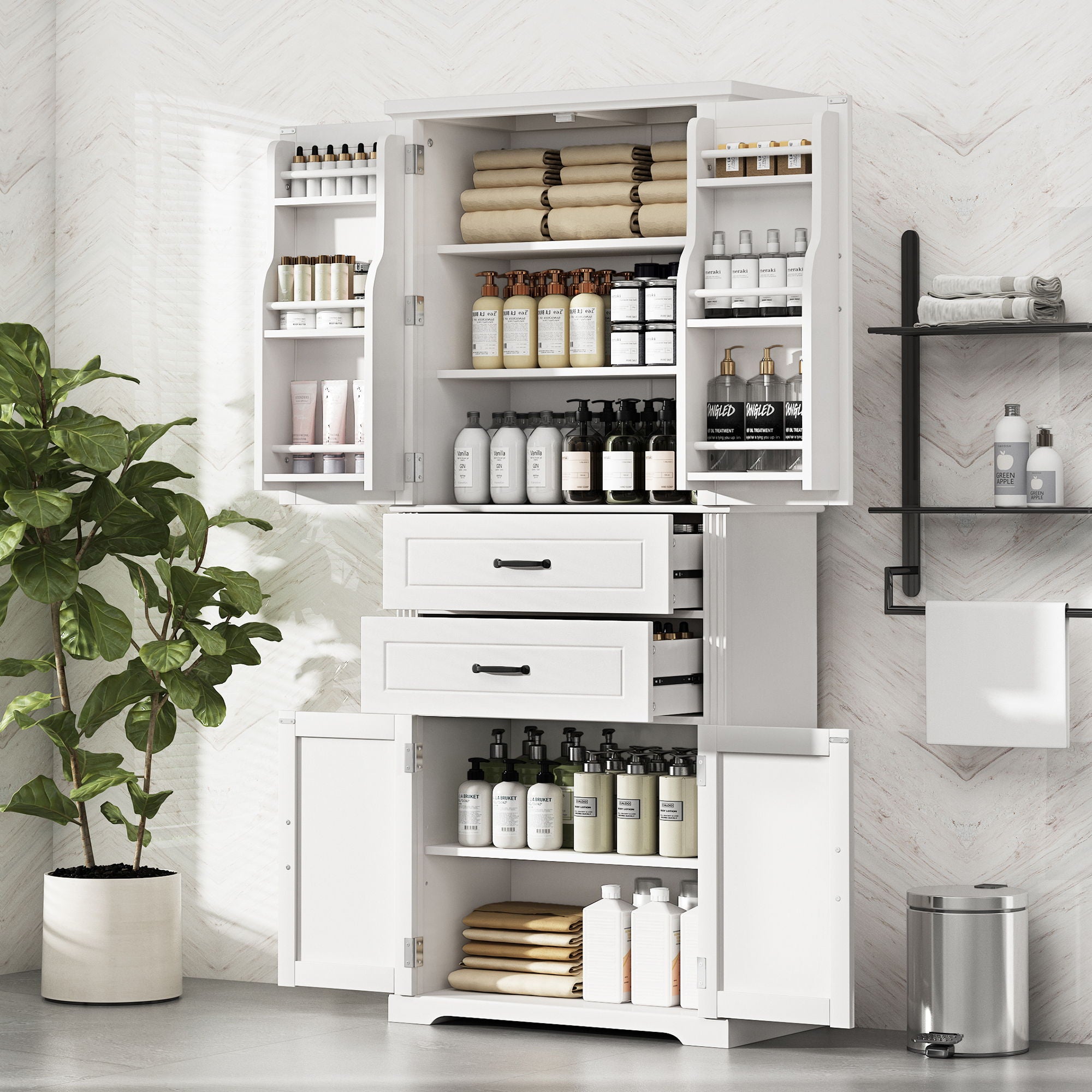 Storage Cabinet With Adjustable Shelves, 2 Drawers, Doors