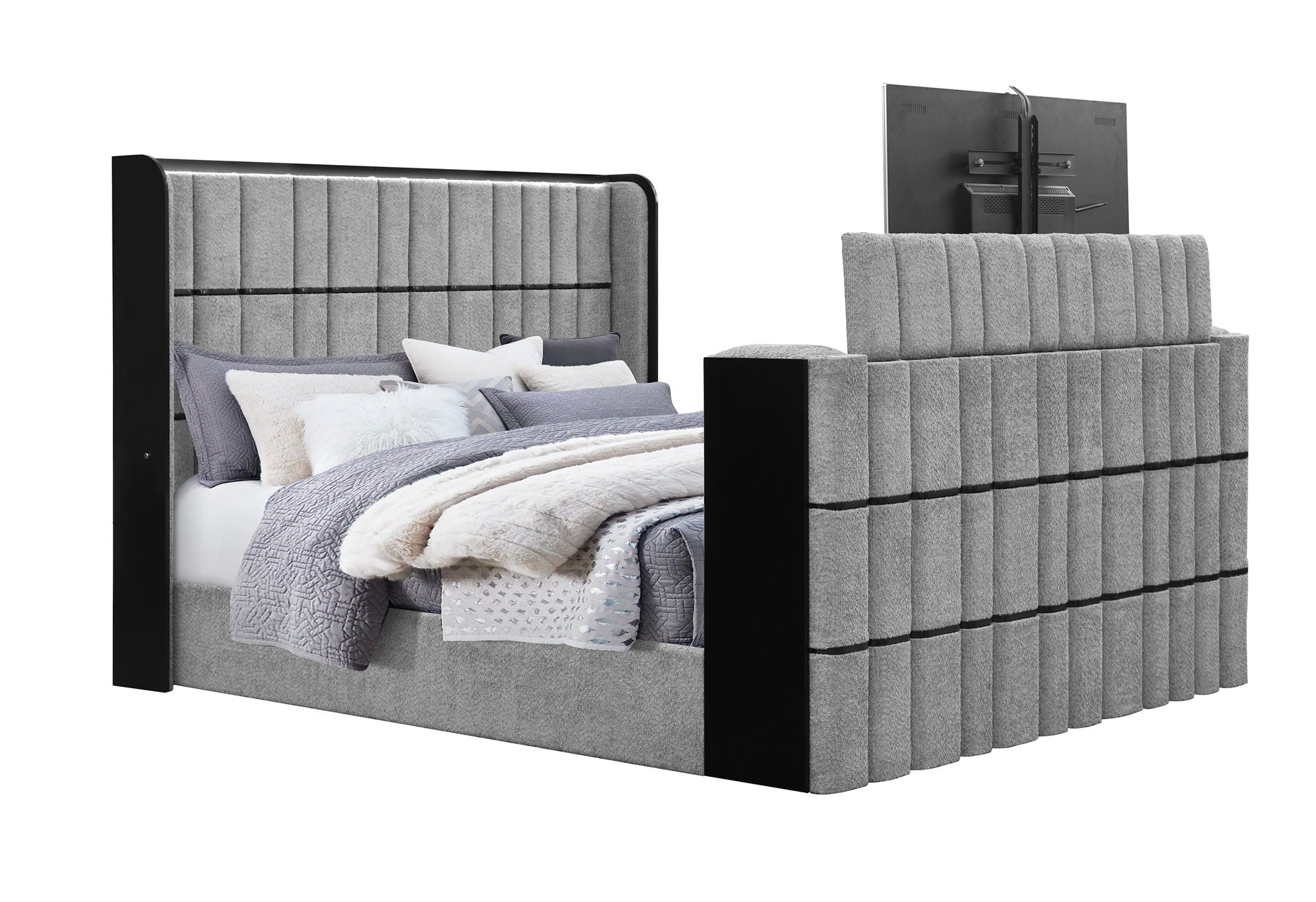 Isabella - King Upholstered Bed With LED, TV Lift, Bluetooth Speaker And Firpeplace Crystal - Gray