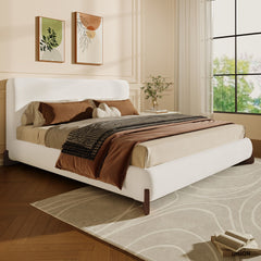 Elegant Boucle Upholstered Bed With Solid Wood Legs
