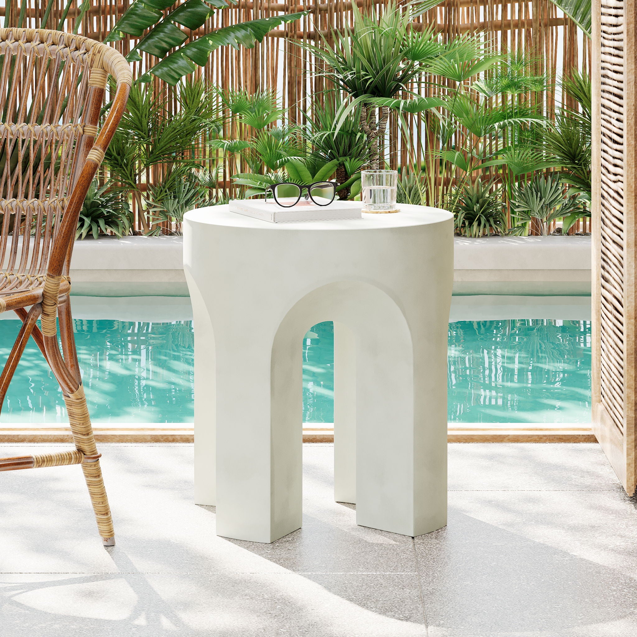 Outdoor Round Top Side Table / End Table, Living Room Accent Table - Antique White