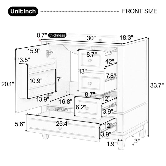 30" Bathroom Vanity With Sink, 1 Door With Shelf And 3 Drawers, Soft Close Door - Black