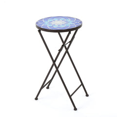 Outdoor Folding Accent Table With Glass Top And Iron Frame - White / Blue
