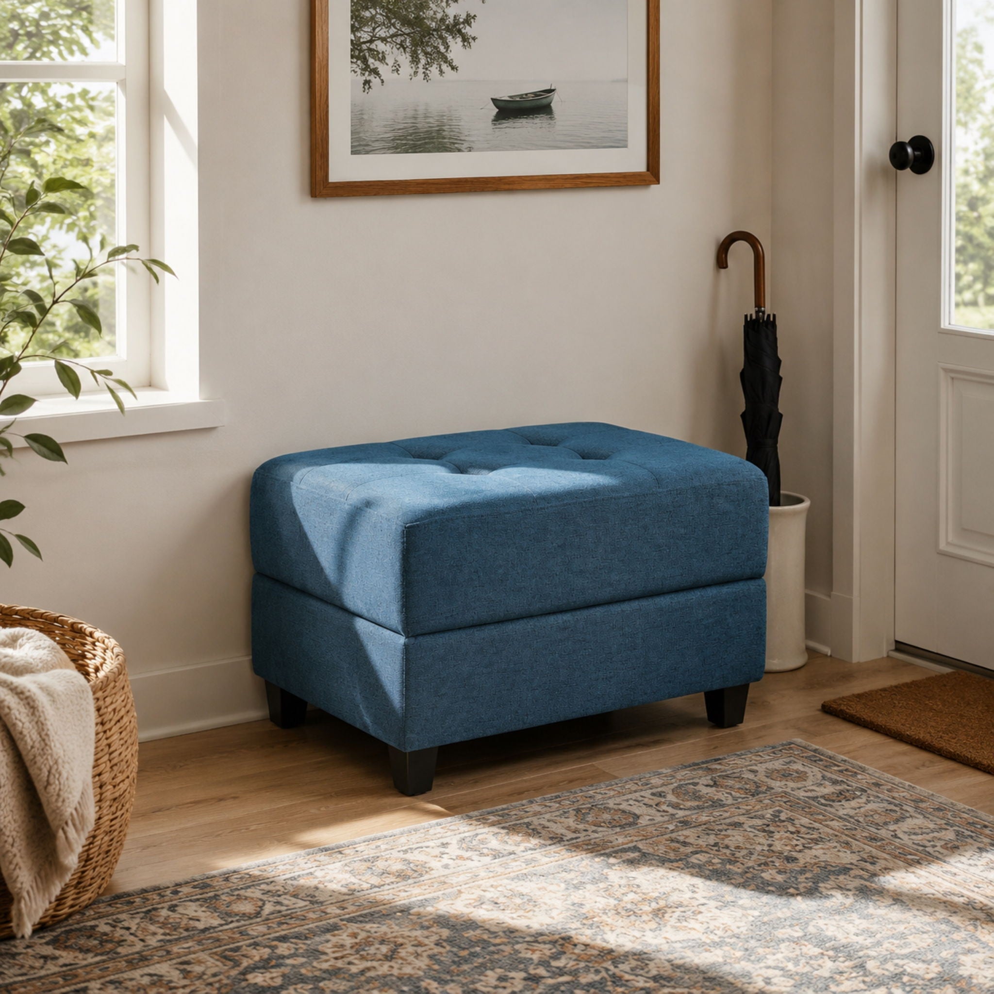 Ottoman, Compact Footrest For Living Room - Navy Blue
