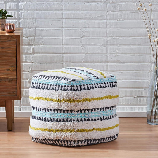 Bohemian Woven Cotton Pouf With Handwoven Design - Multi