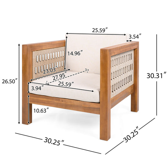 Outdoor Club Chair & Rope Arm And Cushions - Beige / Teak