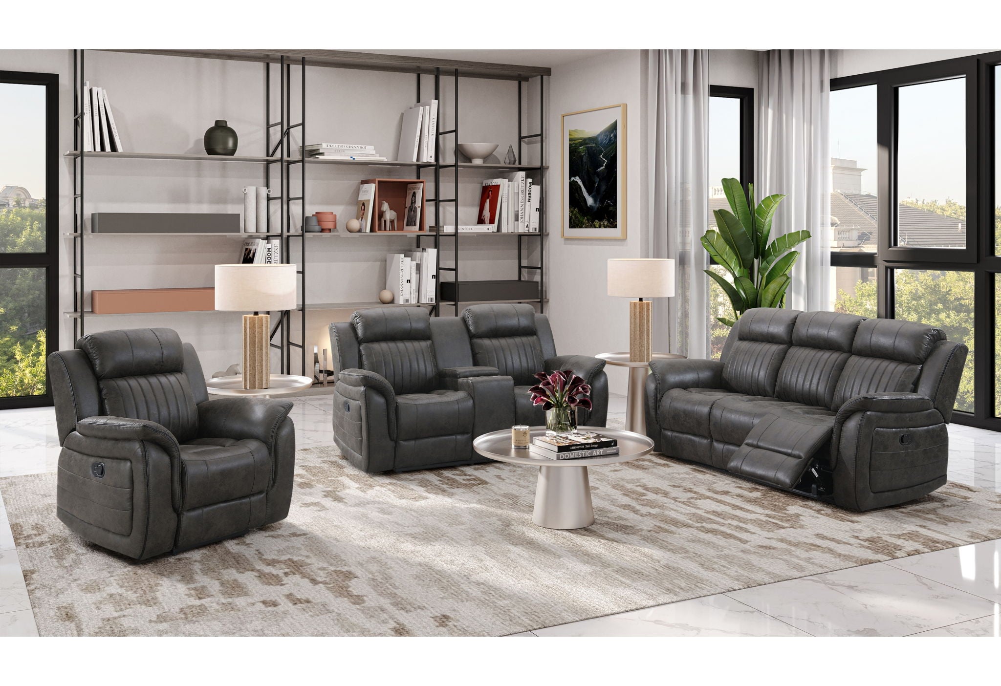 U8517 - 3 Piece Living Room Set (Reclining Sofa / Console Reclining Loveseat / Glider Recliner) - Gray