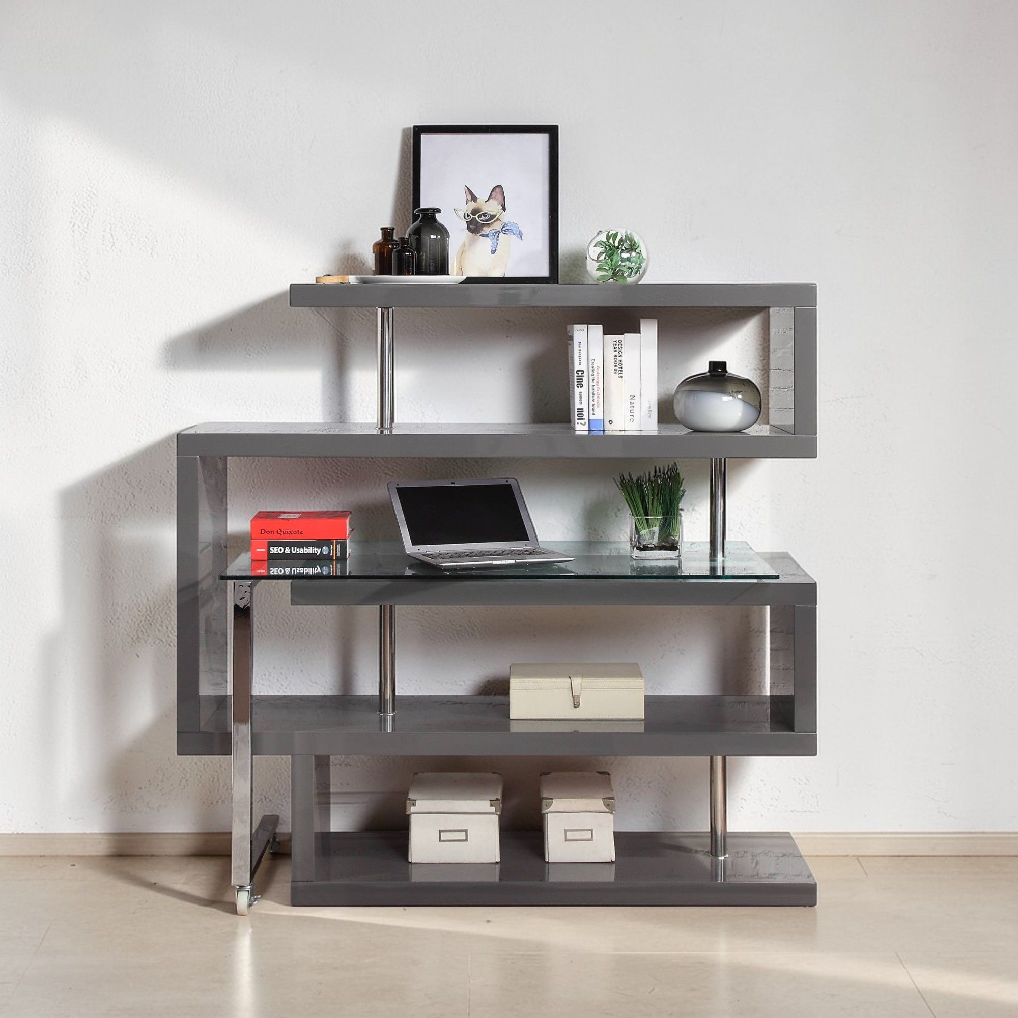 Buck II - Clear Glass, Chrome High Gloss Writing Desk With Shelf
