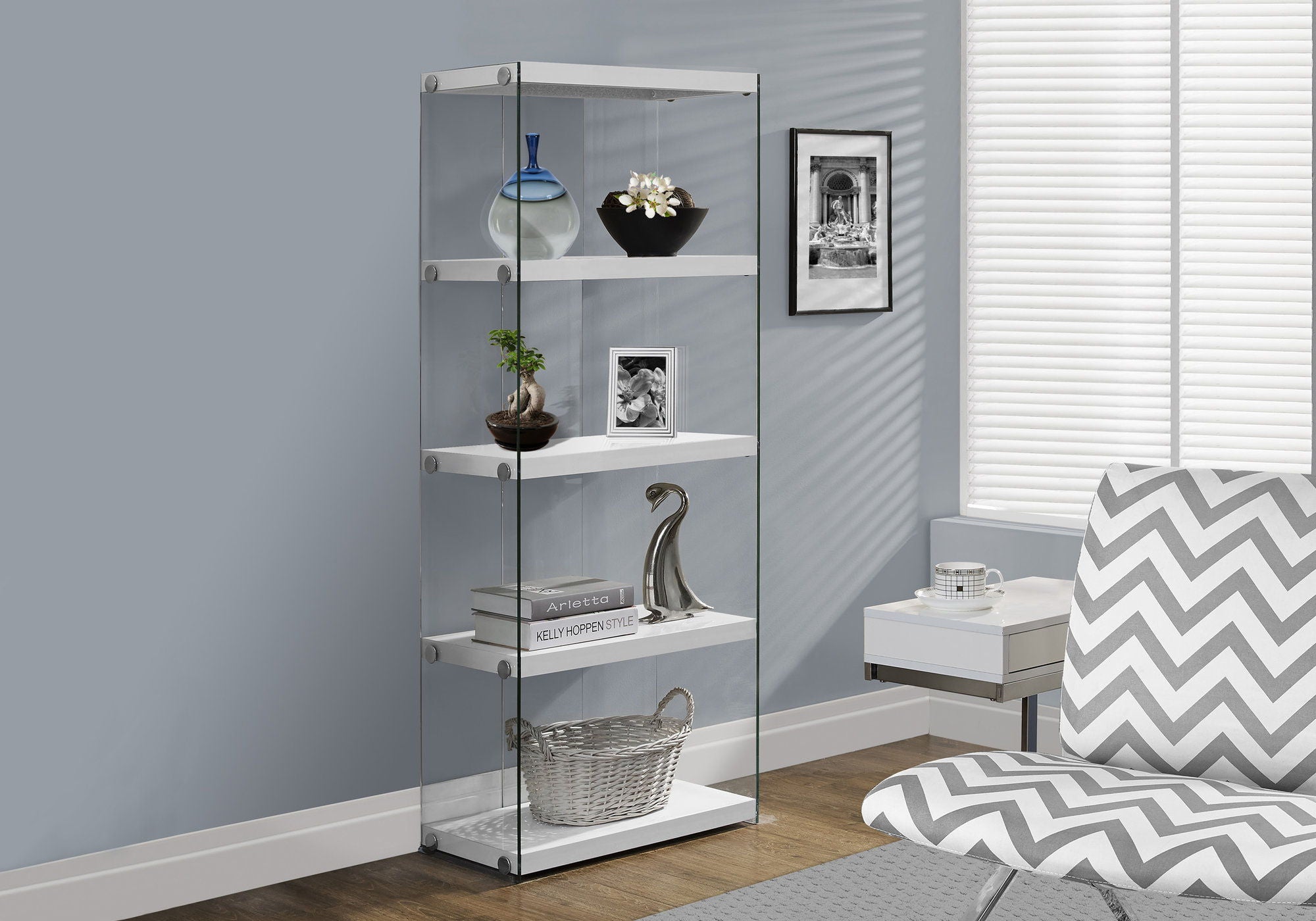 Bookshelf, Bookcase, Etagere, 5 Tier, Glossy Clear Tempered Glass - White