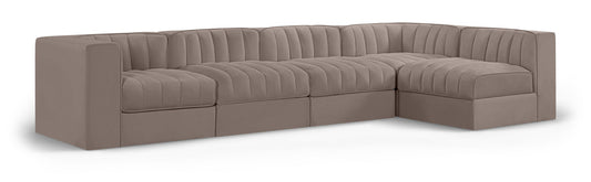 Rummi - Velvet Performance Fabric Upholstered 5 Piece Modular Sectional, L-Shaped (Right)