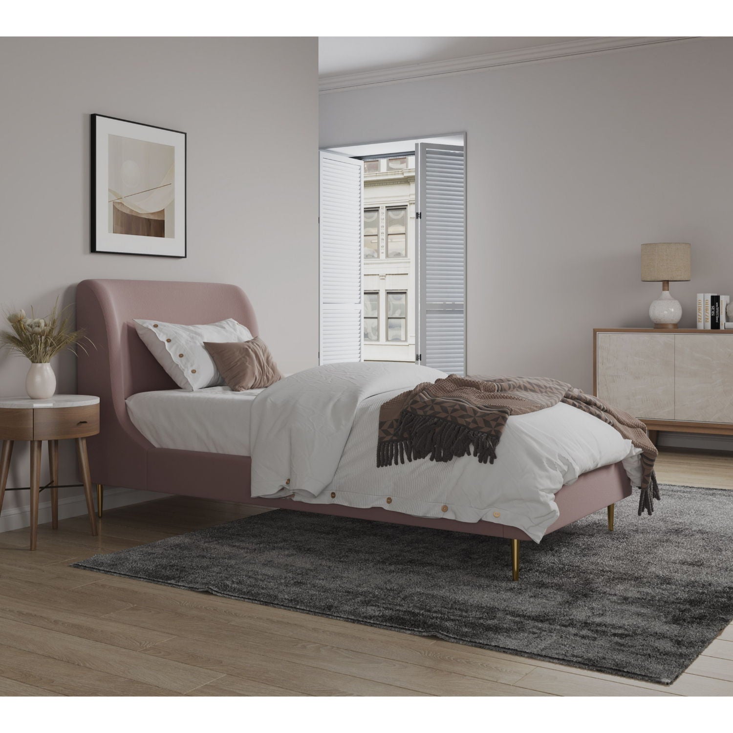 Mid-Century Modern Upholstered Bed With Curved Headboard
