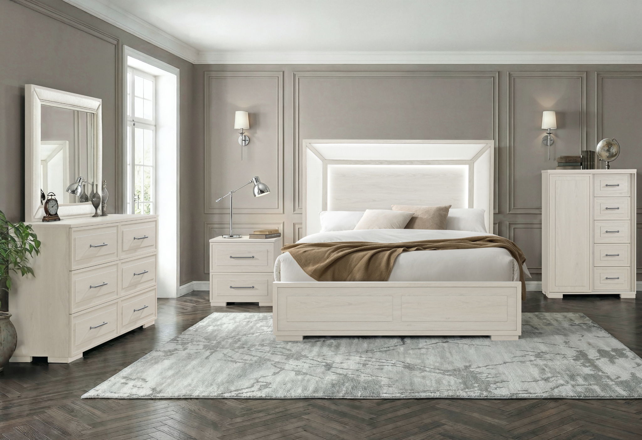 Clara - 5 Piece King Bedroom Set (Bed, Dresser & Mirror, Nightstand, Chest) - Beige