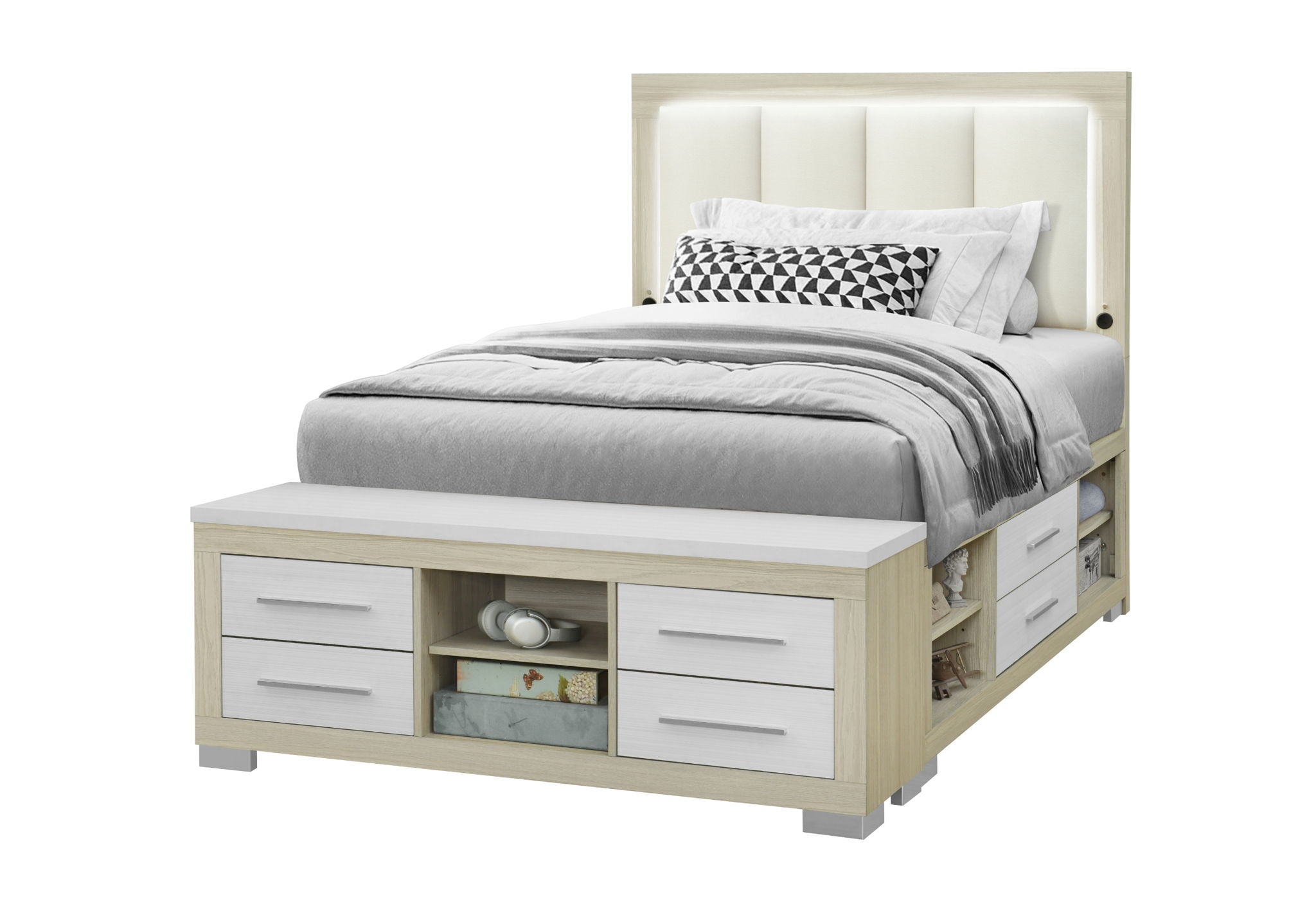 Emma - Full Bed With LED And USB - Light Brown / White