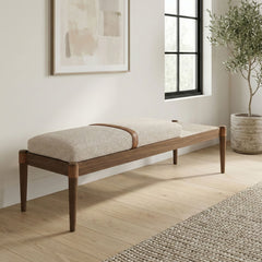 Nara - Linen Textured Fabric Upholstered Bench - Painted Brown Walnut