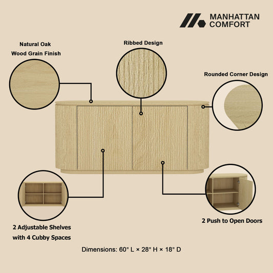 Olivia - Sideboard With 4 Adjustable Shelves With Handle Free Doors And Rounded Edges - Oak