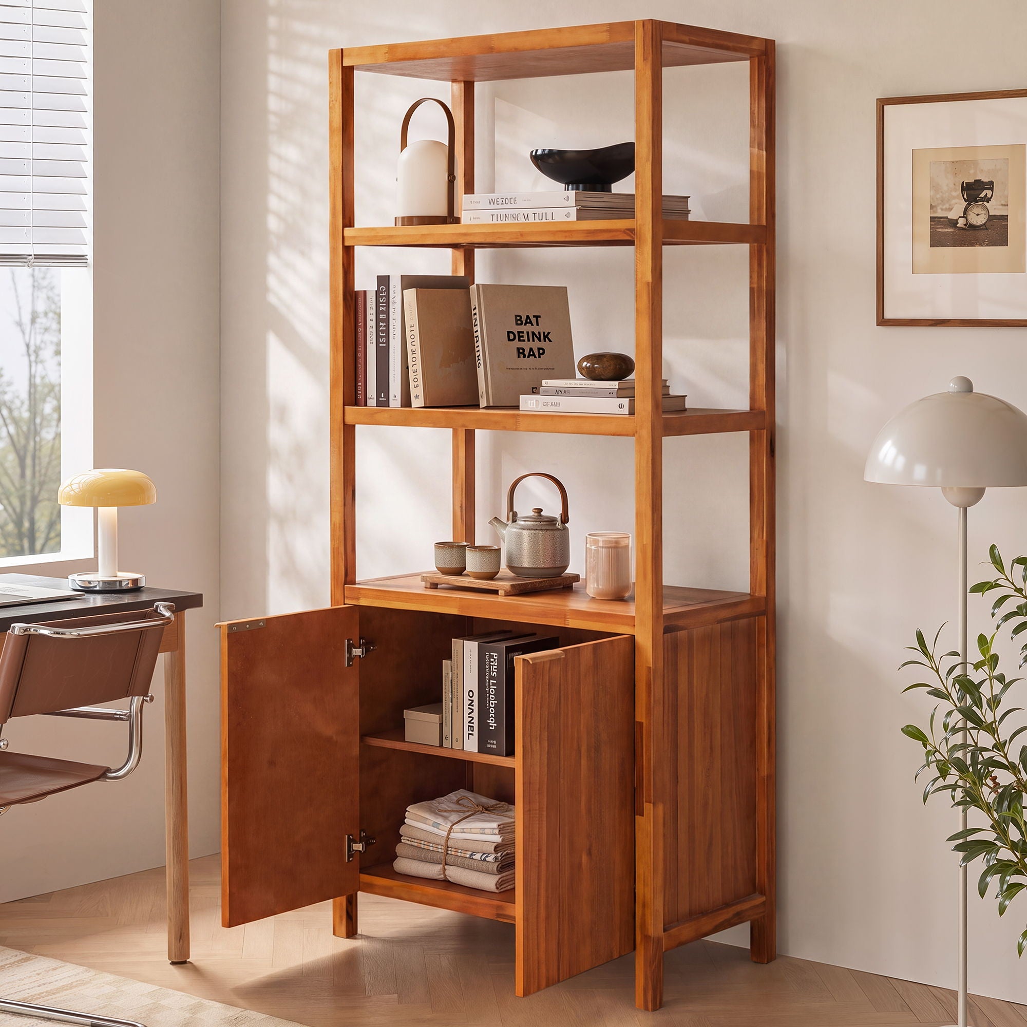 Modern Tall Storage Bookcase Cabinet With 2 Open Shelves & Double Doors
