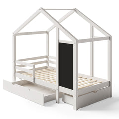 Twin House Bed With Blackboard And Drawers, 2 Assembly Options - White