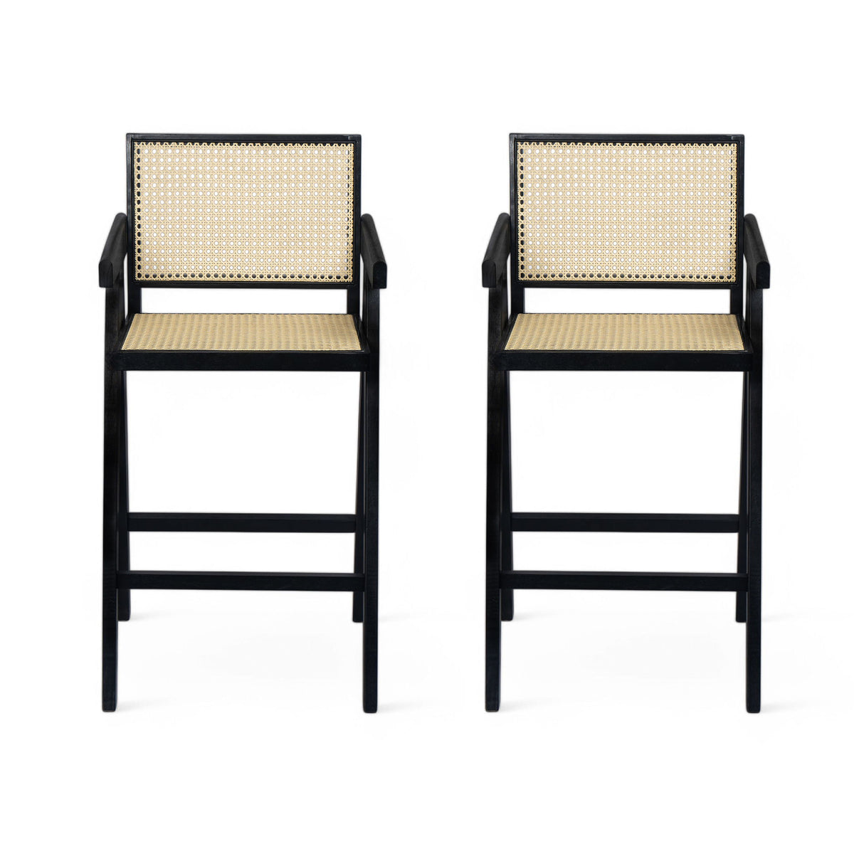 Modern Minimalist Bar Stool With Cane Seat - Black / Natural