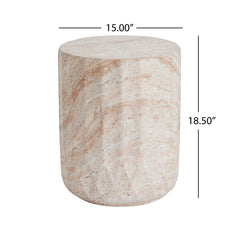 Outdoor / Indoor Lightweight Concrete Side Table, Cylinder Travertine Finish Accent Table - Beige