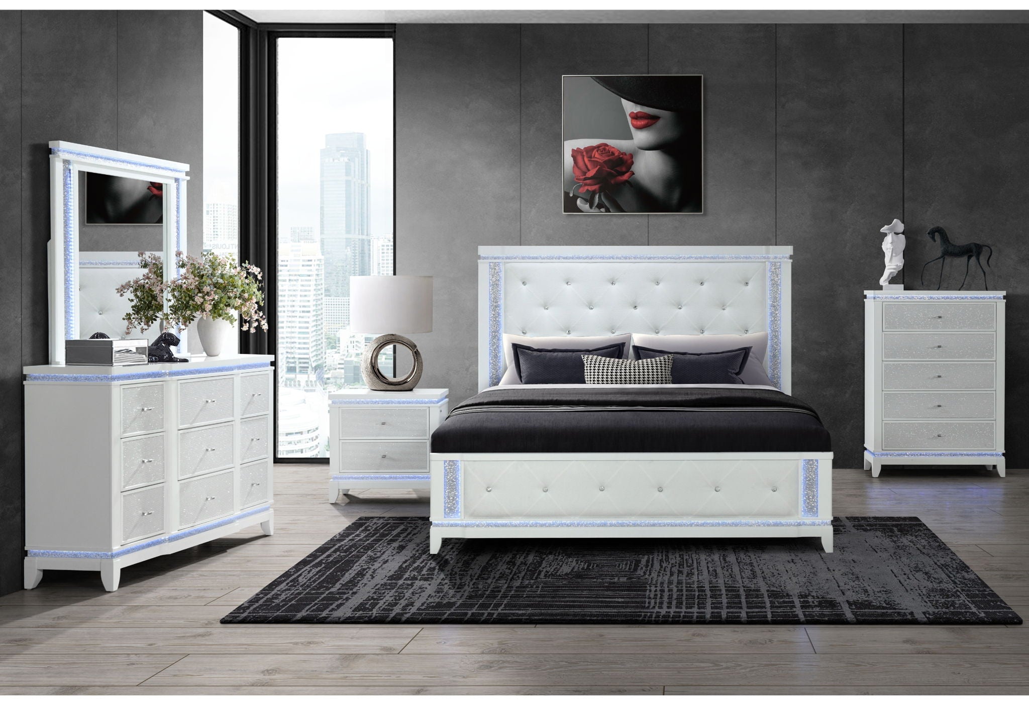Alina - 5 Piece King Bedroom Set With LED, Cooler, Speaker And USB - White