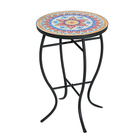 Outdoor Round Side Table With Mosaic Style Top And Curved Iron Legs