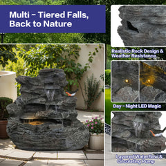 Concrete Rock Waterfall Fountain With LED Lights, Outdoor Garden Decor