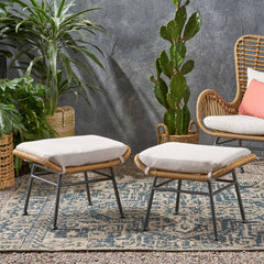 Outdoor Modern Boho Wicker Ottoman With Cushions (Set of 2)
