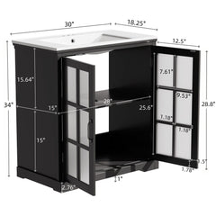 Modern Bathroom Vanity With Ceramic Sink, Tempered Blurred Glass Doors