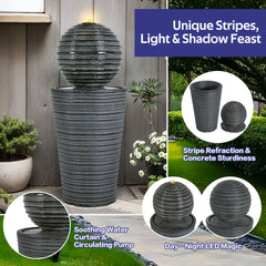 31.5" Tall Striped Column Fountain With LED Light Design For Outdoor Spaces - Gray