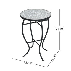 Outdoor Round Side Table With Mosaic Style Top And Curved Iron Legs
