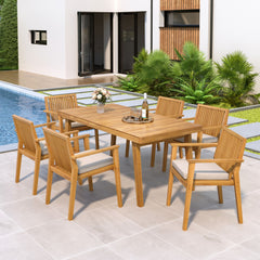 7 Piece Patio Furniture Set Acacia Wood Table And 6 Heavy Duty Cushioned Chairs