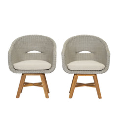 Modern Coastal Rattan Dining Chairs, (Set of 2), Solid Wood Legs - Beige