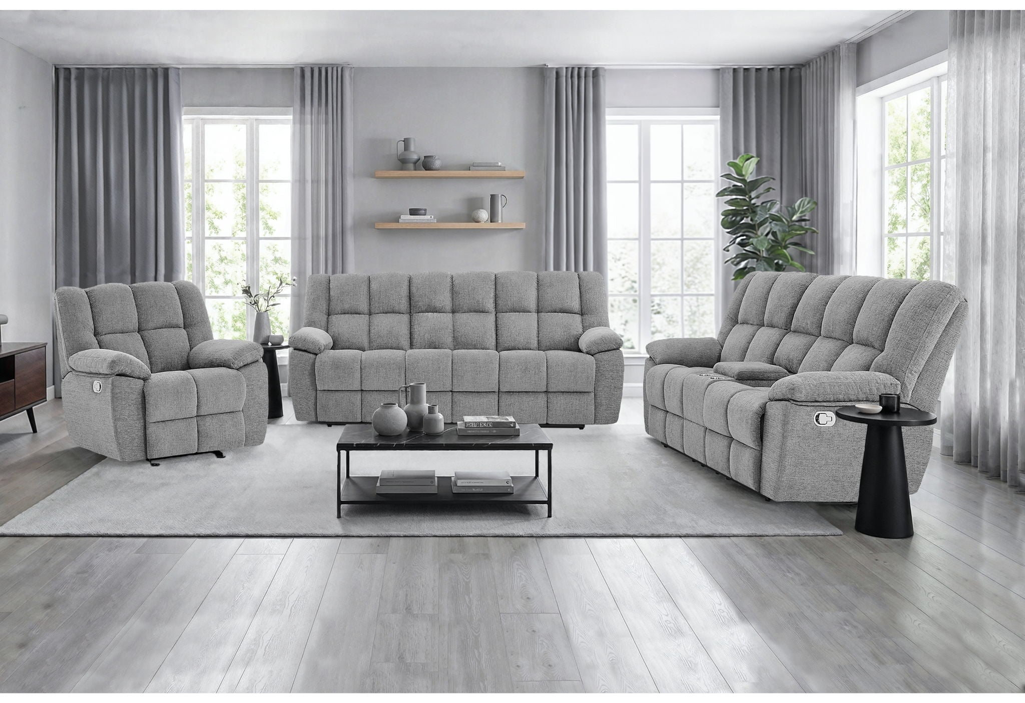 U6000 - 3 Piece Living Room Set (Reclining Sofa / Reclining Console Loveseat / Glider Recliner) - Smoke