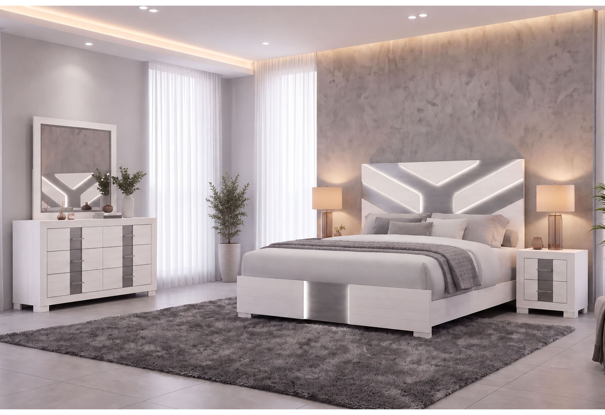 Optimus - 4 Piece Bedroom Set (King Bed, Dresser, Mirror, Nightstand) - White