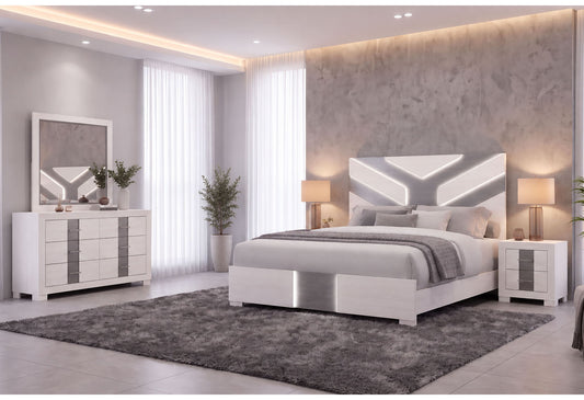 Optimus - 4 Piece Bedroom Set (Queen Bed, Dresser, Mirror, Nightstand) - White