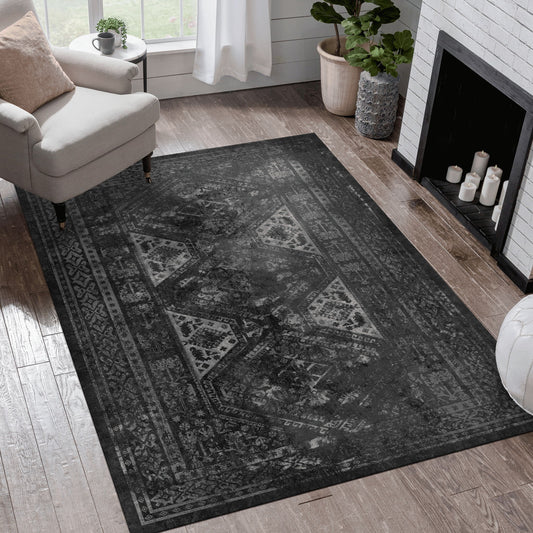 Maval - 5' X 8' Washable Area Rug - Black / Gray