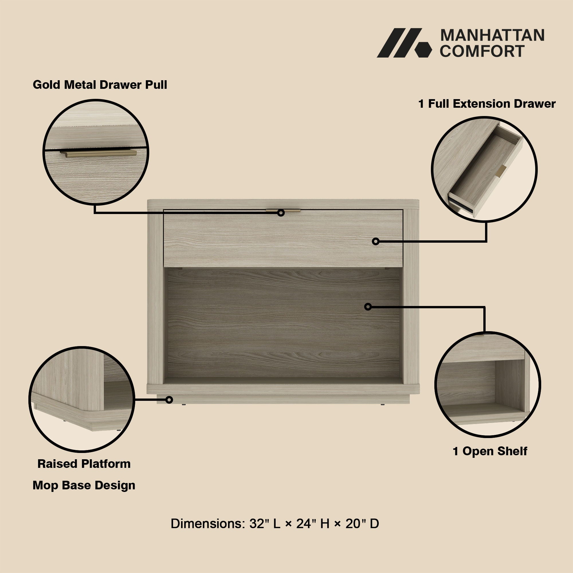 Evelyn - Nightstand With 1 Drawer And Open Shelf