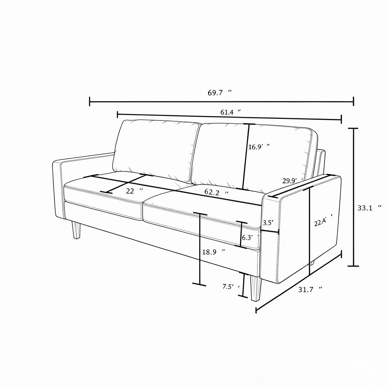 Couch, 3 Seat Sofa With Removable Cushion - Beige