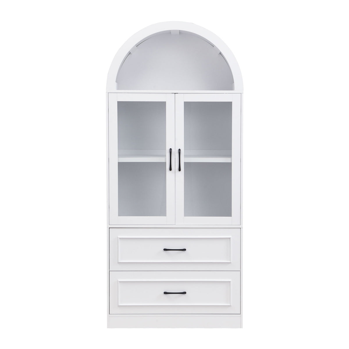 Arched Top Storage Cabinet With Fixed 2 Tier Shelves, 2 Large Drawers