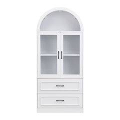 Arched Top Storage Cabinet With Fixed 2 Tier Shelves, 2 Large Drawers
