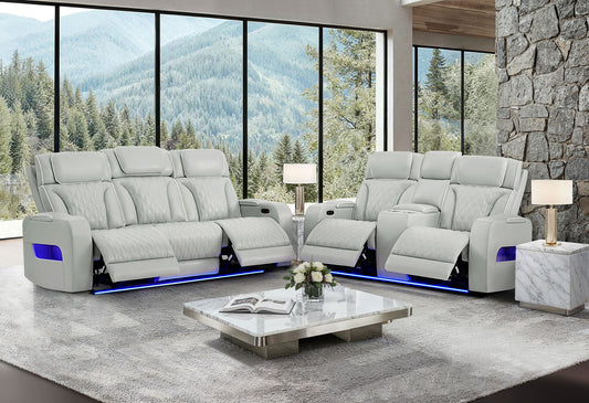 U8611 - 2 Piece Living Room Set (Power Reclining Sofa With Power Headrest And LED / Power Console Reclining Loveseat With Power Headrest, LED And Speaker) - Silver