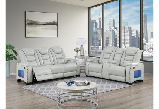 U8609 - 2 Piece Living Room Set (Power Reclining Sofa, Power Console Reclining Loveseat With Power Headrest, USB, LED And Bookshelf Arm) - Gray